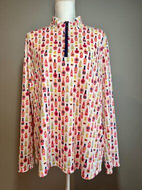 SanSoleil 1/4 Zip Women's XL Vineyard Wine Bottle Print SPF 50, Kukui ula patch